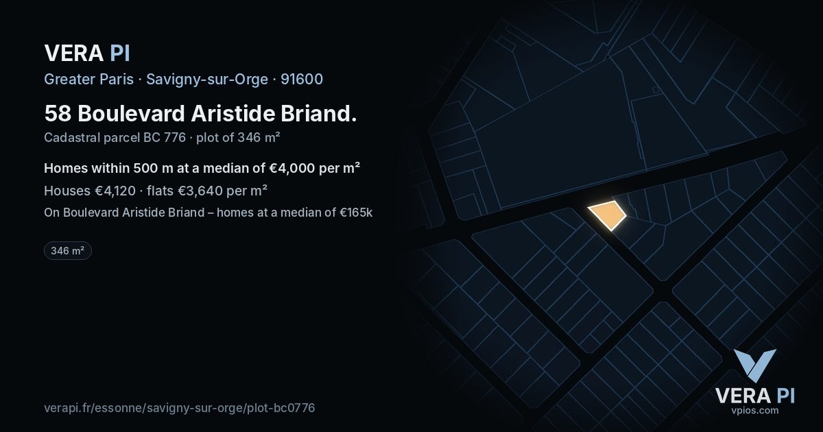 58 Boulevard Aristide Briand, Savigny-sur-Orge at night – the plot lit, the parcels around coloured by the prices near them
