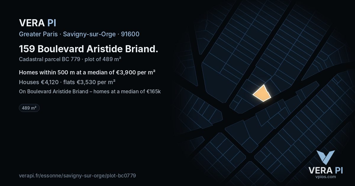 159 Boulevard Aristide Briand, Savigny-sur-Orge at night – the plot lit, the parcels around coloured by the prices near them
