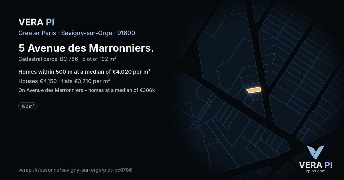 5 Avenue des Marronniers, Savigny-sur-Orge at night – the plot lit, the parcels around coloured by the prices near them