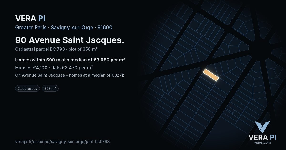 90 Avenue Saint Jacques, Savigny-sur-Orge at night – the plot lit, the parcels around coloured by the prices near them