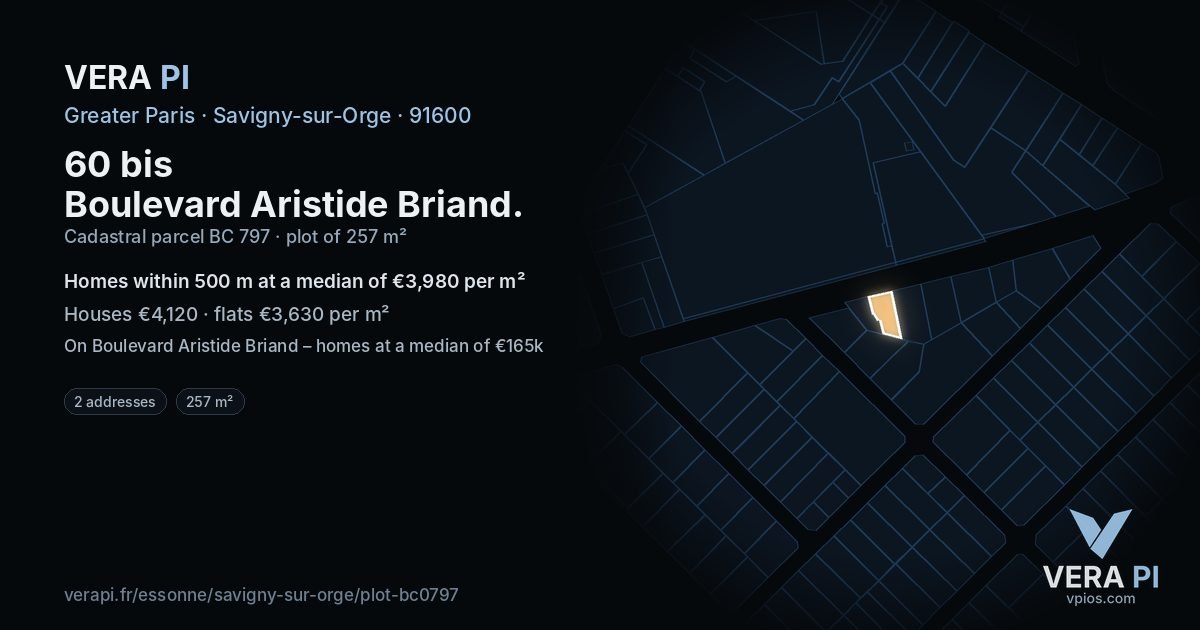 60 bis Boulevard Aristide Briand, Savigny-sur-Orge at night – the plot lit, the parcels around coloured by the prices near them