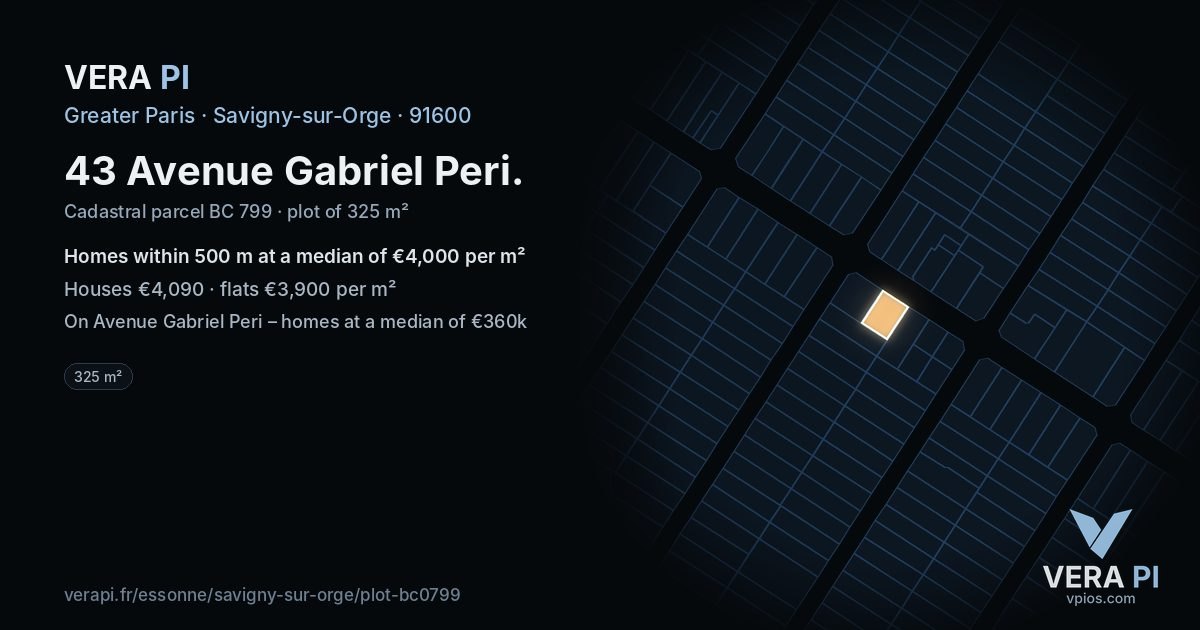 43 Avenue Gabriel Peri, Savigny-sur-Orge at night – the plot lit, the parcels around coloured by the prices near them