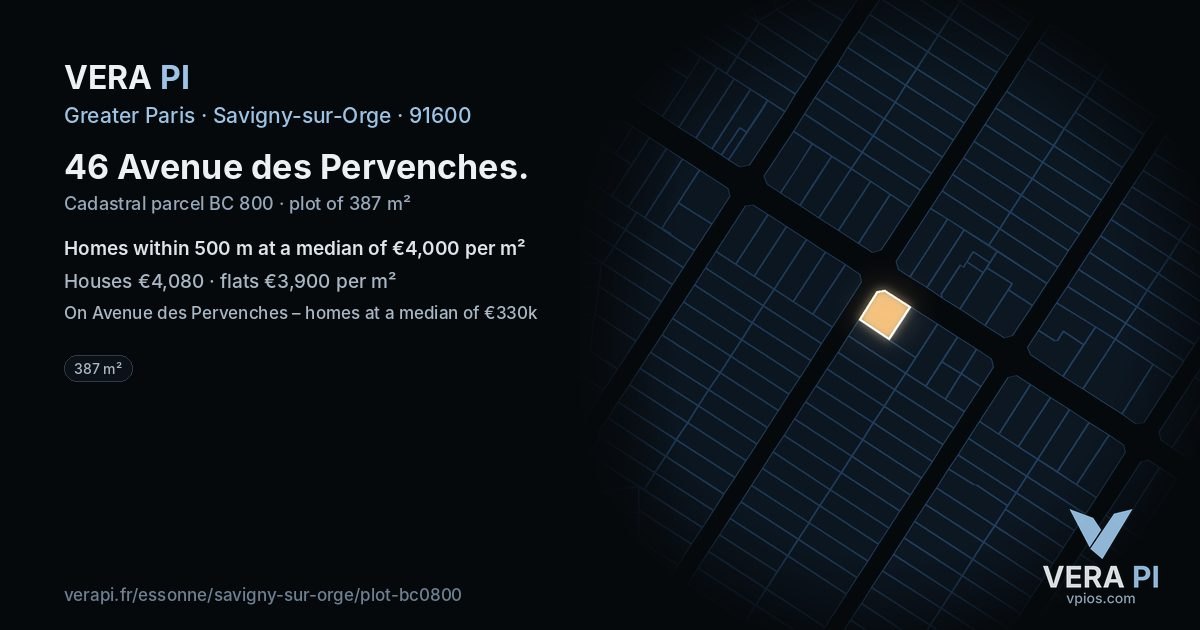 46 Avenue des Pervenches, Savigny-sur-Orge at night – the plot lit, the parcels around coloured by the prices near them