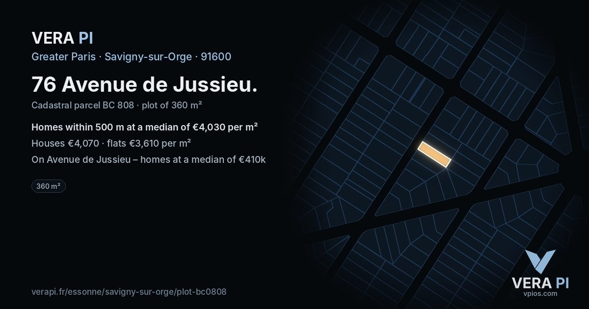 76 Avenue de Jussieu, Savigny-sur-Orge at night – the plot lit, the parcels around coloured by the prices near them