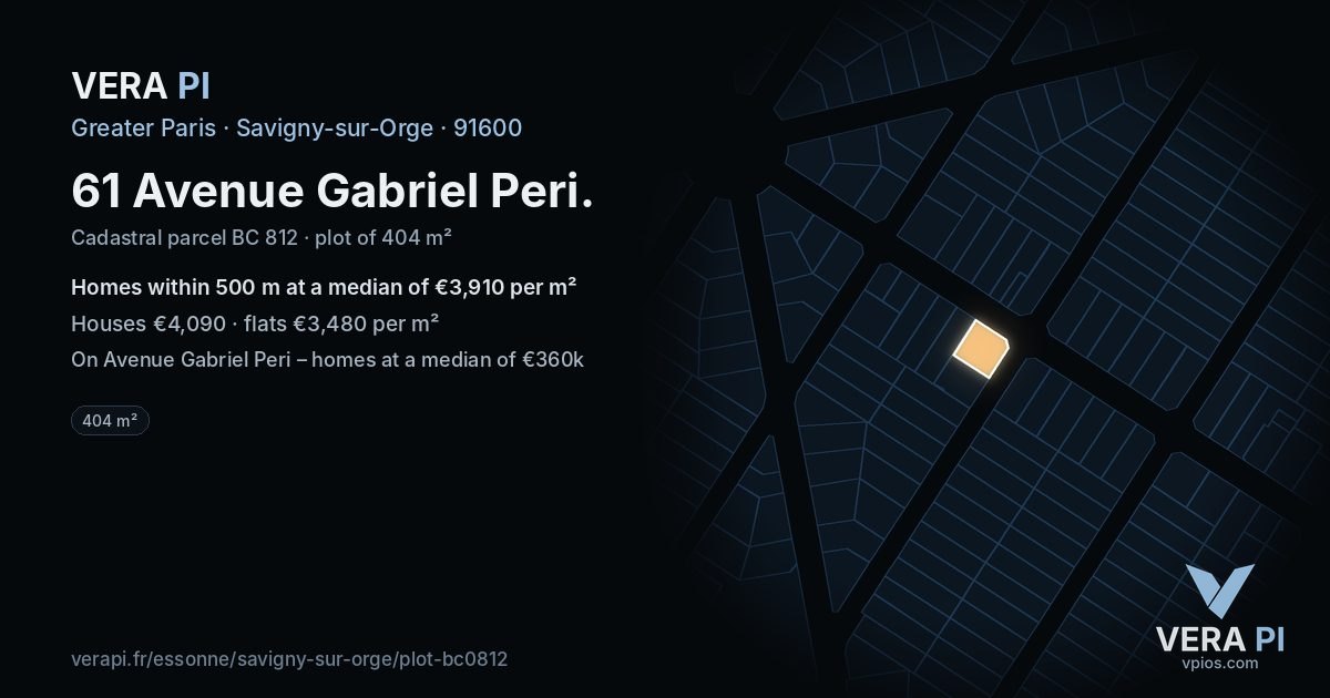 61 Avenue Gabriel Peri, Savigny-sur-Orge at night – the plot lit, the parcels around coloured by the prices near them
