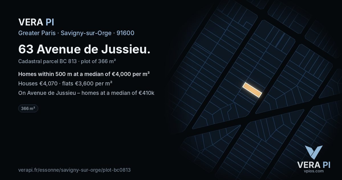 63 Avenue de Jussieu, Savigny-sur-Orge at night – the plot lit, the parcels around coloured by the prices near them
