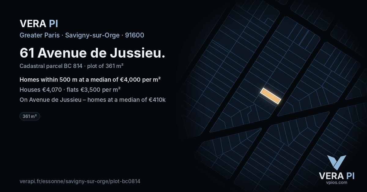 61 Avenue de Jussieu, Savigny-sur-Orge at night – the plot lit, the parcels around coloured by the prices near them
