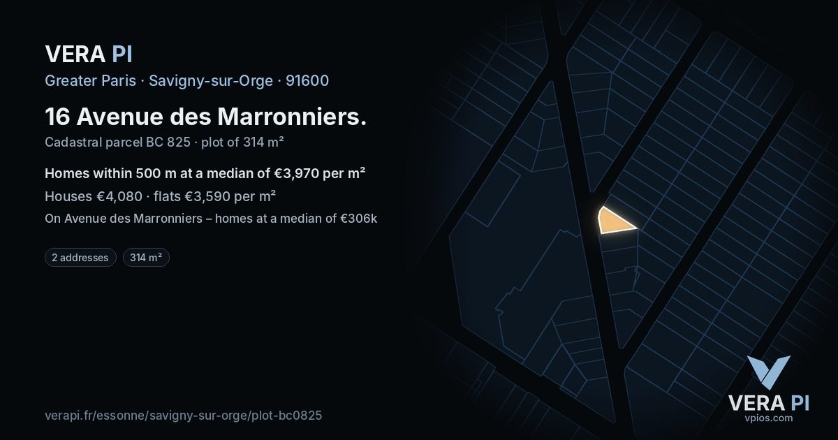 16 Avenue des Marronniers, Savigny-sur-Orge at night – the plot lit, the parcels around coloured by the prices near them