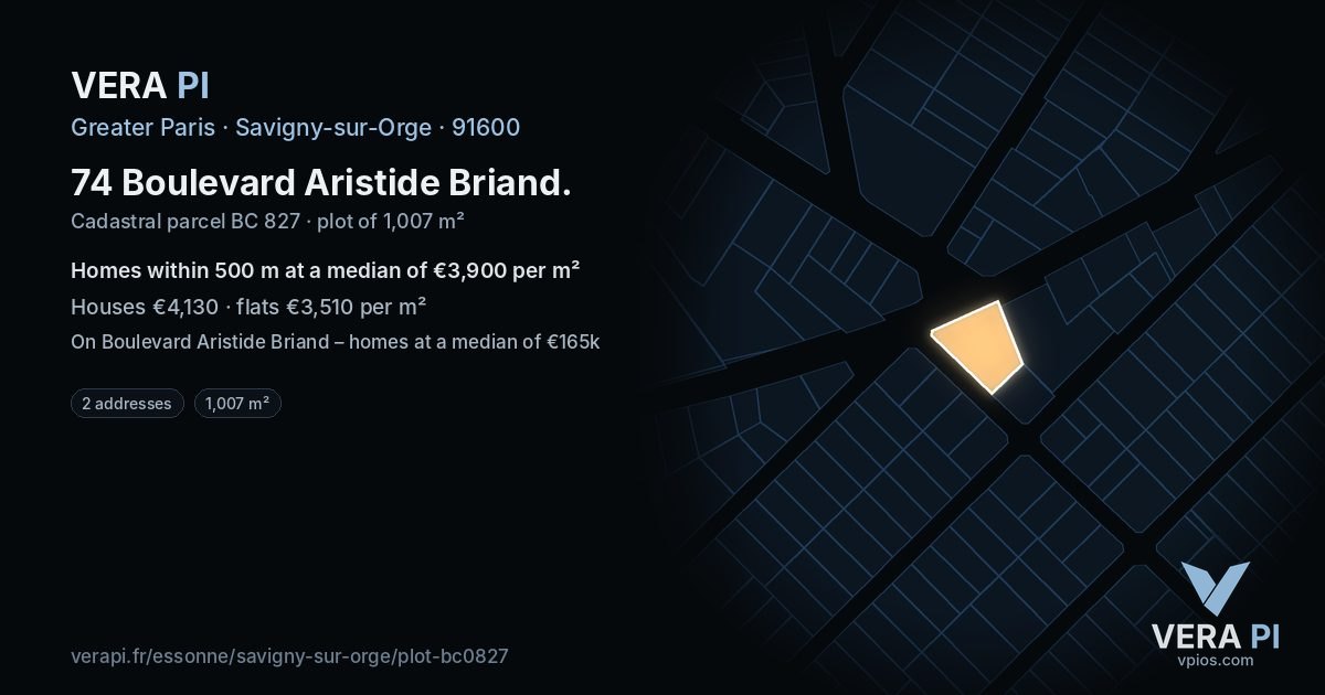 74 Boulevard Aristide Briand, Savigny-sur-Orge at night – the plot lit, the parcels around coloured by the prices near them