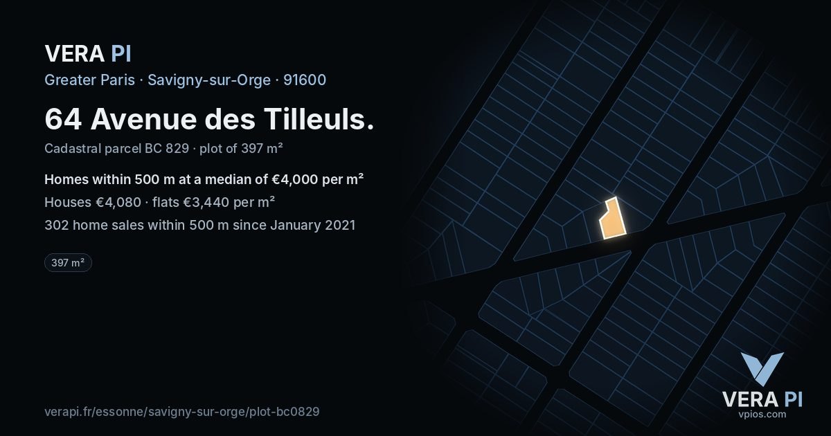 64 Avenue des Tilleuls, Savigny-sur-Orge at night – the plot lit, the parcels around coloured by the prices near them