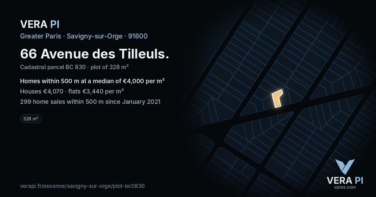 66 Avenue des Tilleuls, Savigny-sur-Orge at night – the plot lit, the parcels around coloured by the prices near them