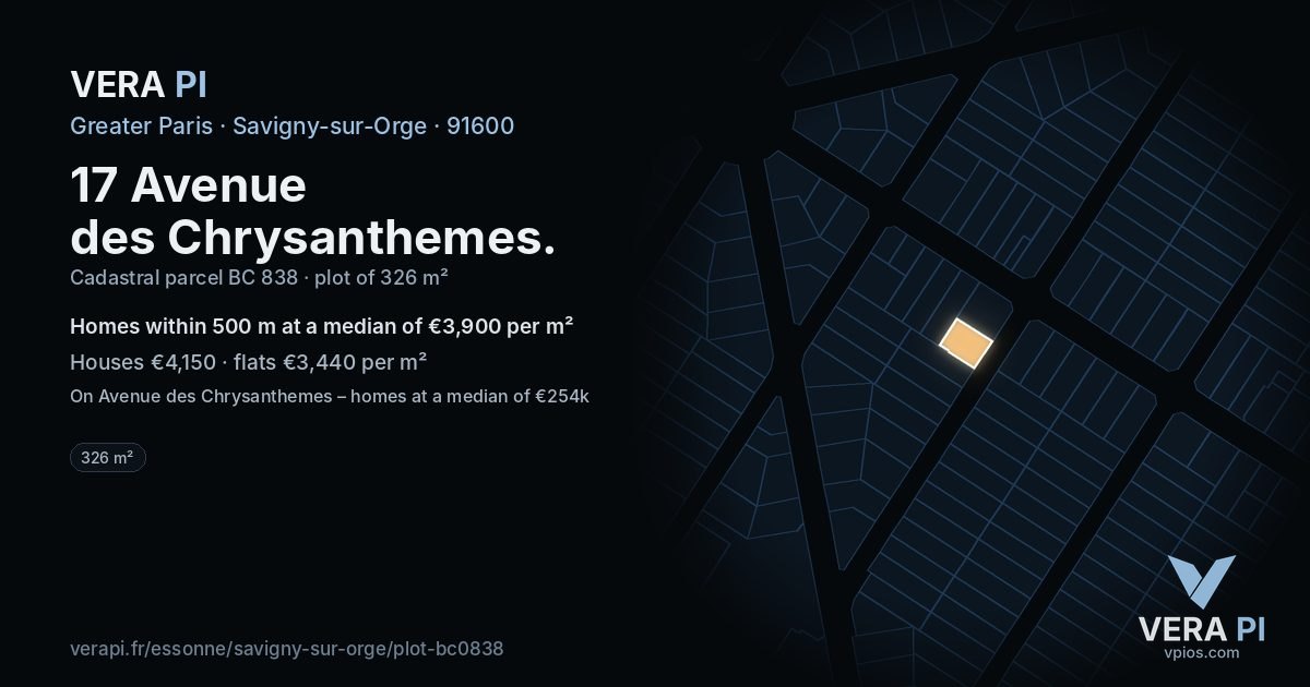 17 Avenue des Chrysanthemes, Savigny-sur-Orge at night – the plot lit, the parcels around coloured by the prices near them