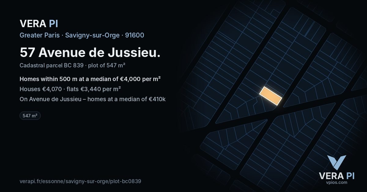 57 Avenue de Jussieu, Savigny-sur-Orge at night – the plot lit, the parcels around coloured by the prices near them