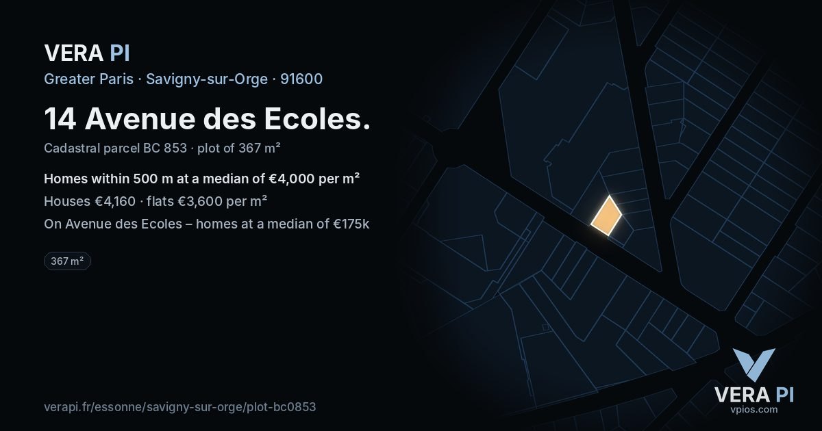 14 Avenue des Ecoles, Savigny-sur-Orge at night – the plot lit, the parcels around coloured by the prices near them