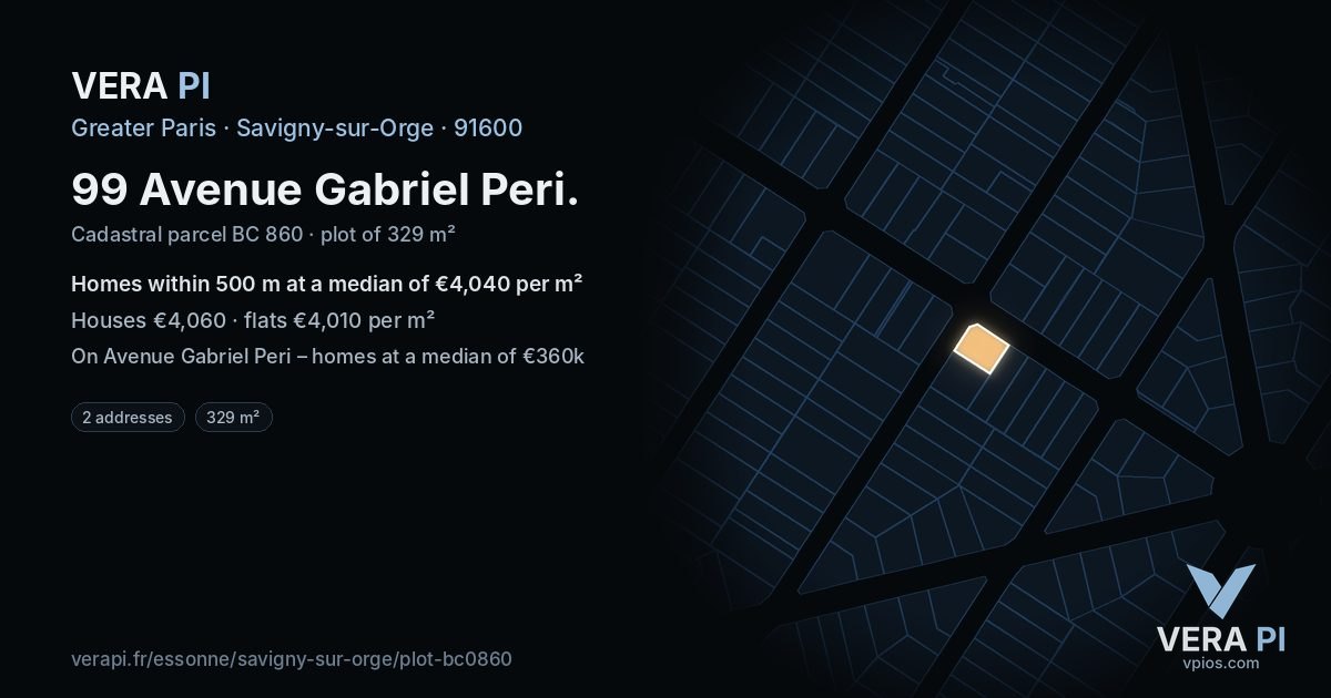 99 Avenue Gabriel Peri, Savigny-sur-Orge at night – the plot lit, the parcels around coloured by the prices near them