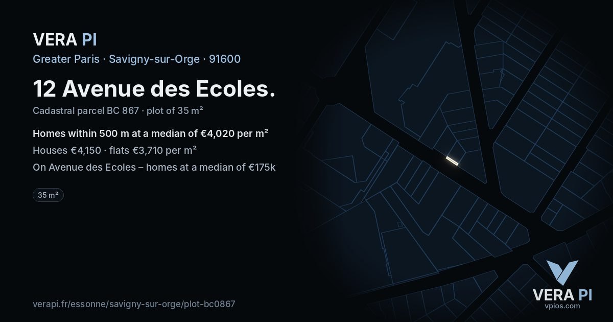 12 Avenue des Ecoles, Savigny-sur-Orge at night – the plot lit, the parcels around coloured by the prices near them