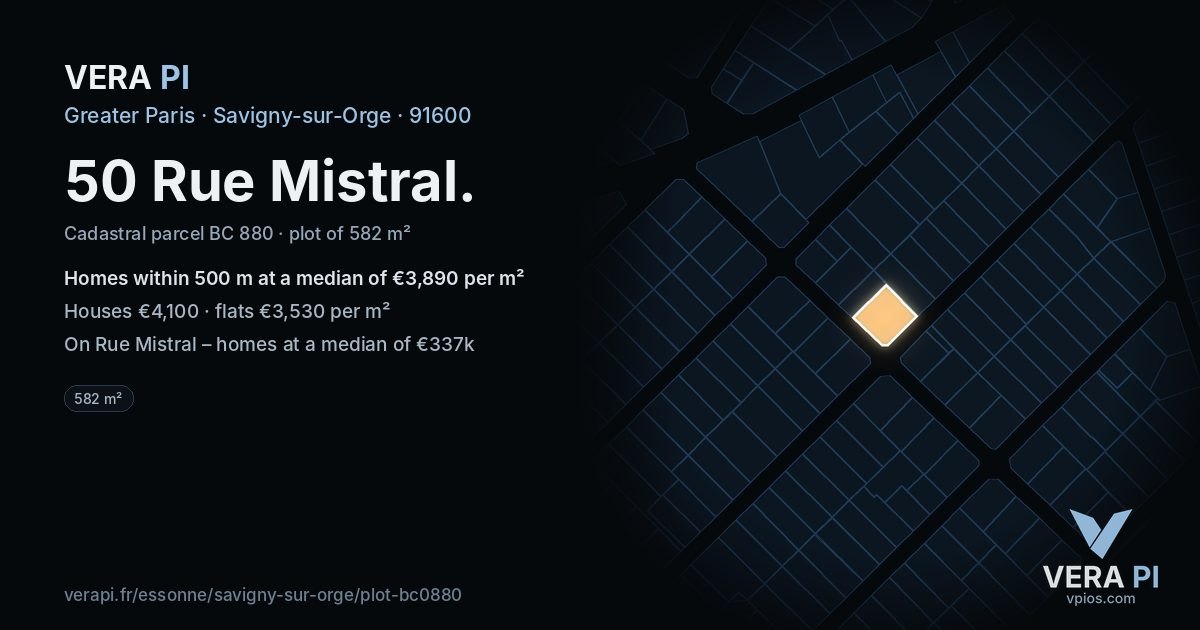 50 Rue Mistral, Savigny-sur-Orge at night – the plot lit, the parcels around coloured by the prices near them