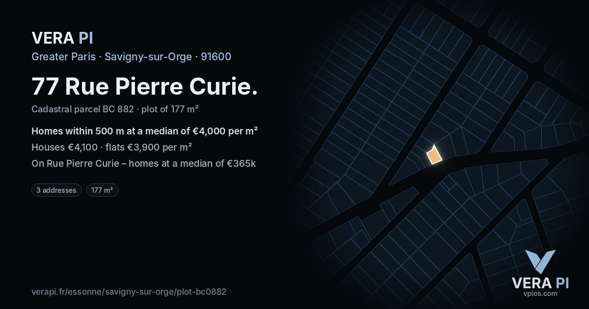 77 Rue Pierre Curie, Savigny-sur-Orge at night – the plot lit, the parcels around coloured by the prices near them