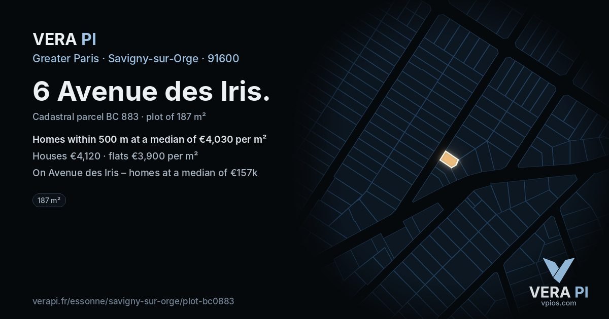6 Avenue des Iris, Savigny-sur-Orge at night – the plot lit, the parcels around coloured by the prices near them