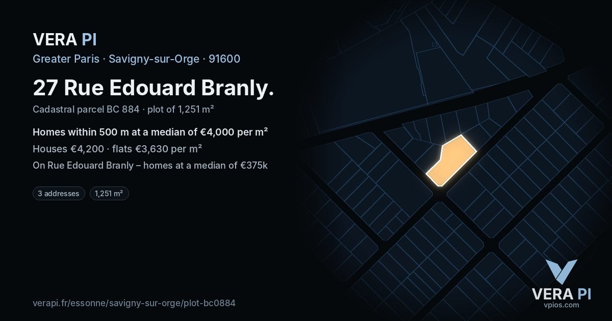 27 Rue Edouard Branly, Savigny-sur-Orge at night – the plot lit, the parcels around coloured by the prices near them
