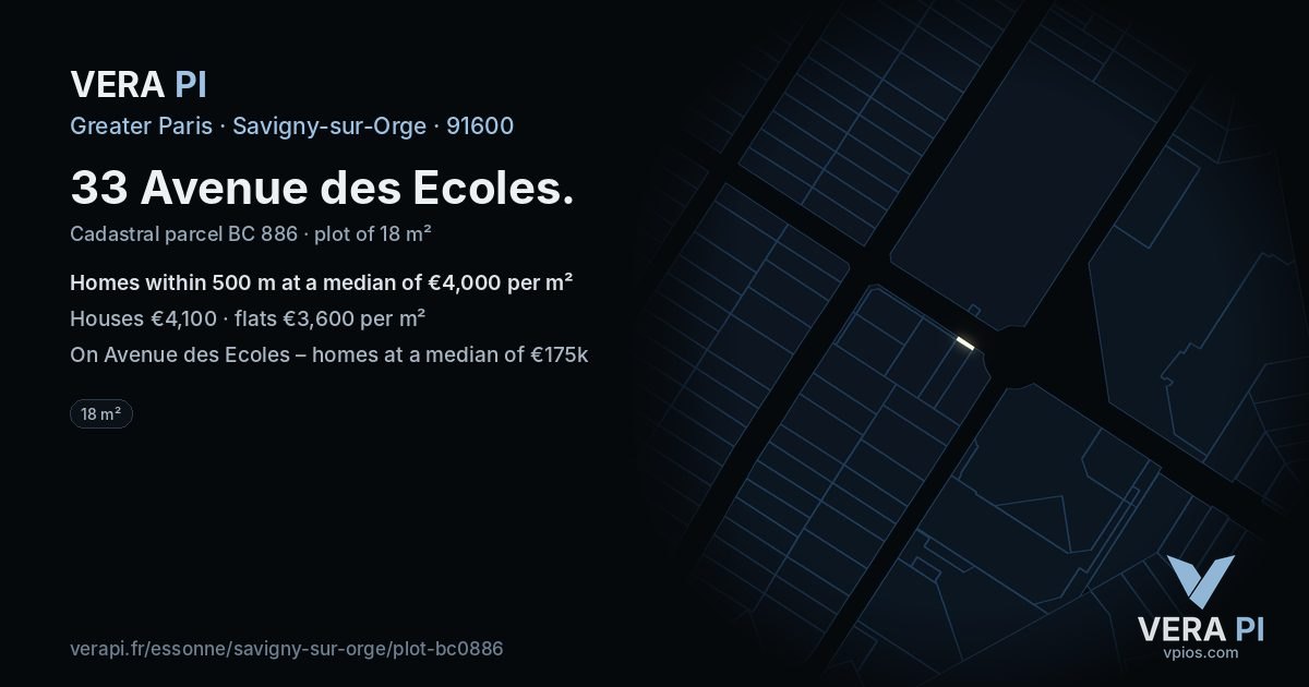 33 Avenue des Ecoles, Savigny-sur-Orge at night – the plot lit, the parcels around coloured by the prices near them