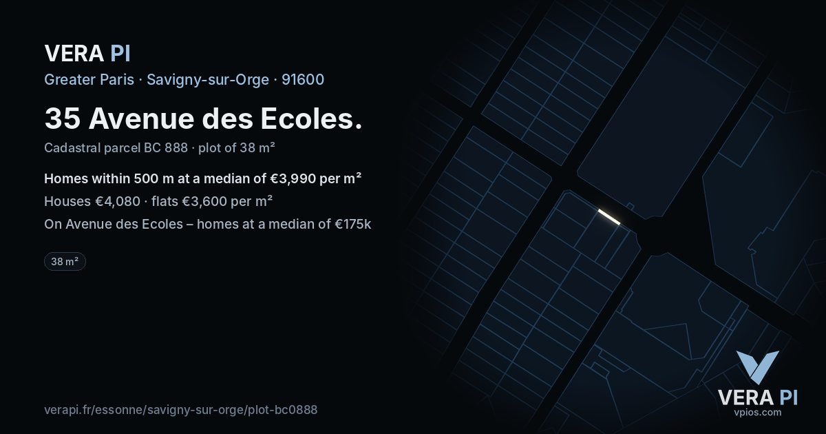 35 Avenue des Ecoles, Savigny-sur-Orge at night – the plot lit, the parcels around coloured by the prices near them