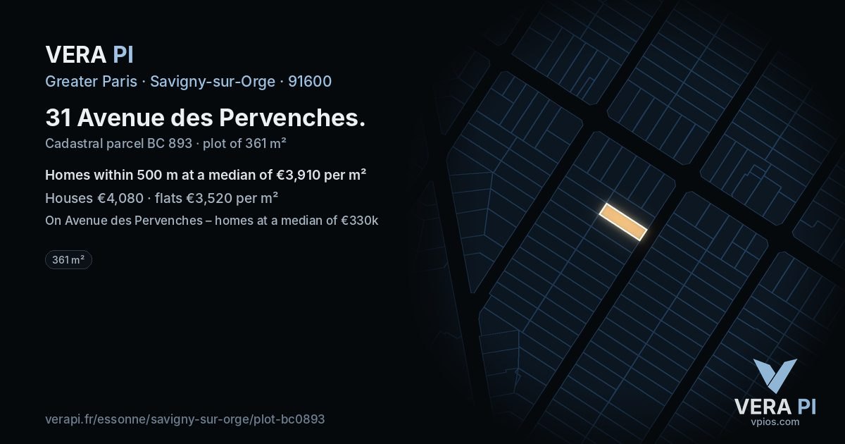 31 Avenue des Pervenches, Savigny-sur-Orge at night – the plot lit, the parcels around coloured by the prices near them