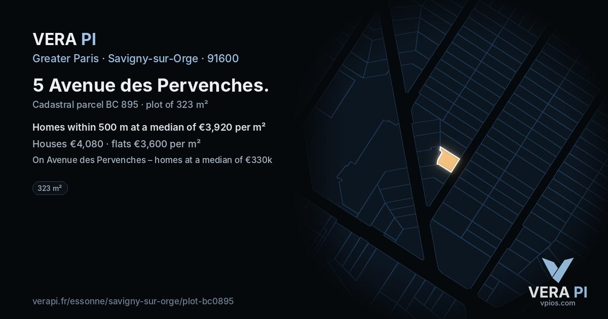 5 Avenue des Pervenches, Savigny-sur-Orge at night – the plot lit, the parcels around coloured by the prices near them