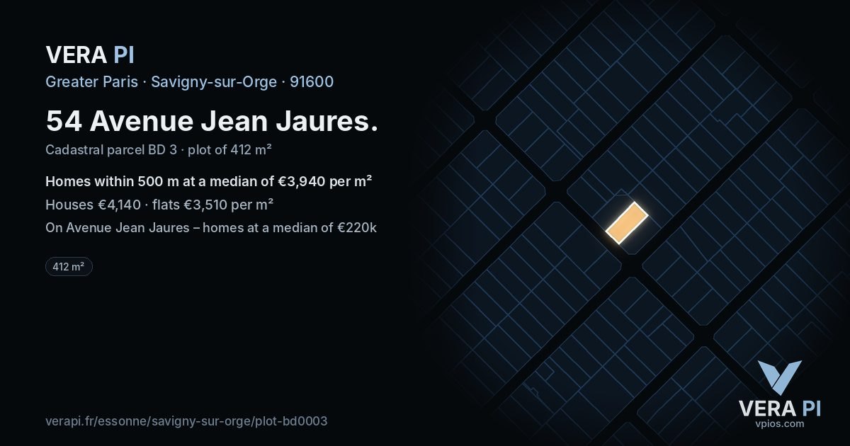54 Avenue Jean Jaures, Savigny-sur-Orge at night – the plot lit, the parcels around coloured by the prices near them