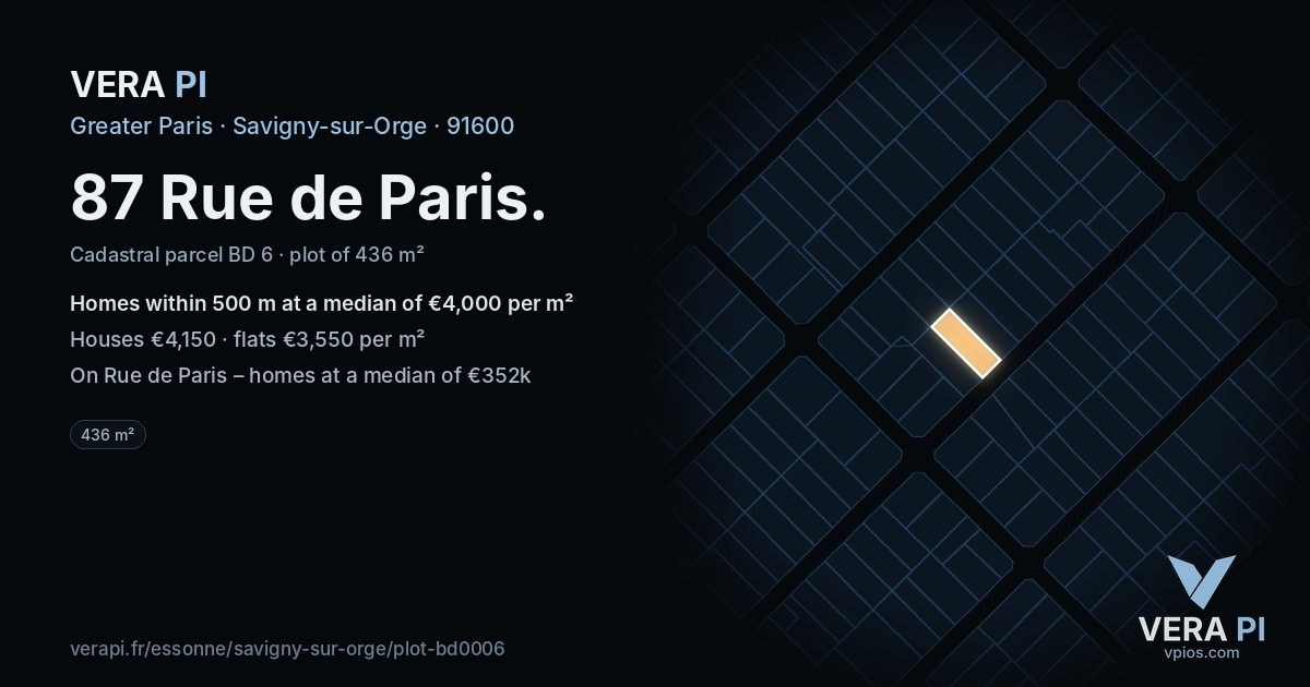 87 Rue de Paris, Savigny-sur-Orge at night – the plot lit, the parcels around coloured by the prices near them