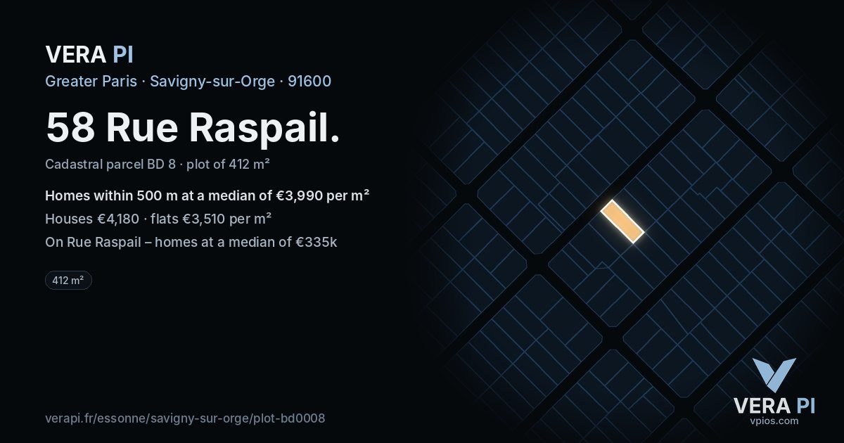 58 Rue Raspail, Savigny-sur-Orge at night – the plot lit, the parcels around coloured by the prices near them