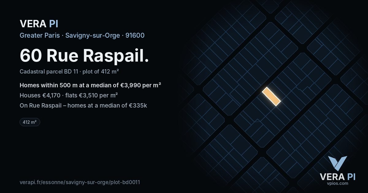 60 Rue Raspail, Savigny-sur-Orge at night – the plot lit, the parcels around coloured by the prices near them