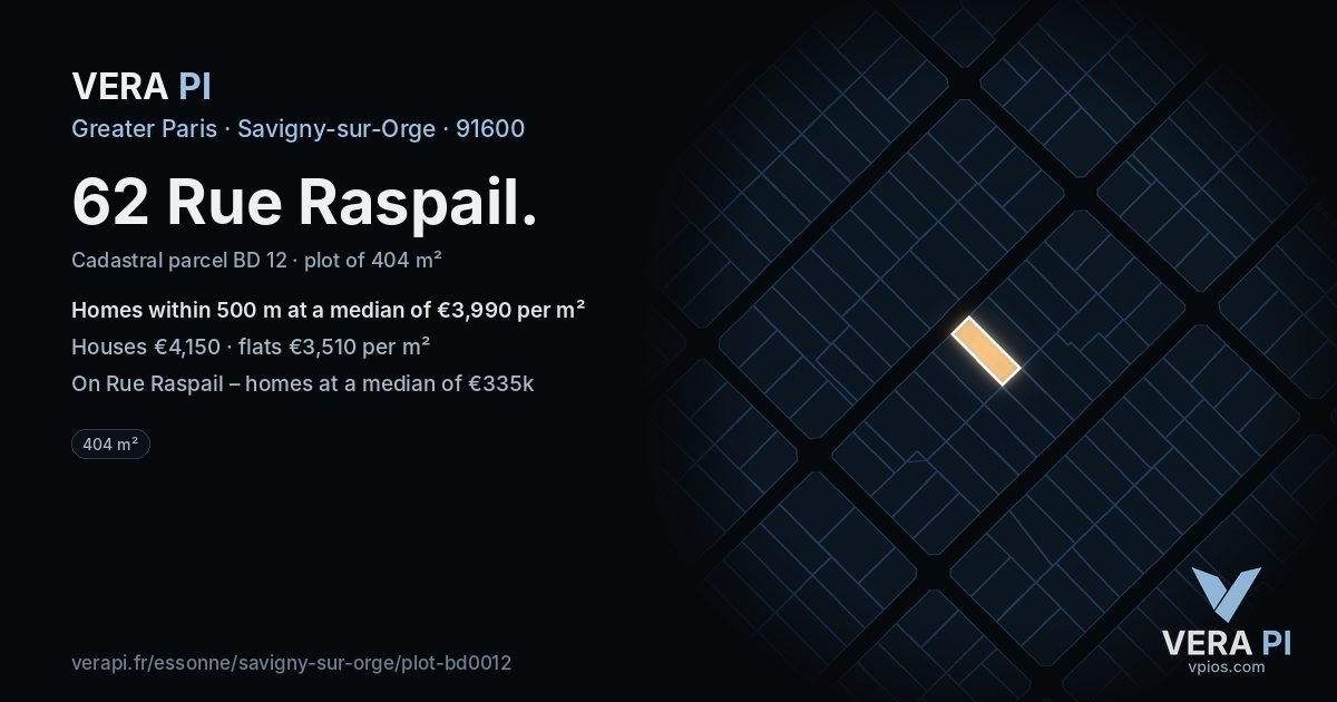 62 Rue Raspail, Savigny-sur-Orge at night – the plot lit, the parcels around coloured by the prices near them