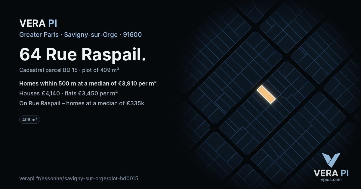 64 Rue Raspail, Savigny-sur-Orge at night – the plot lit, the parcels around coloured by the prices near them