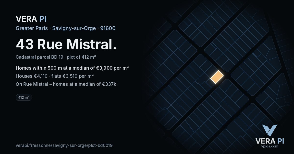 43 Rue Mistral, Savigny-sur-Orge at night – the plot lit, the parcels around coloured by the prices near them