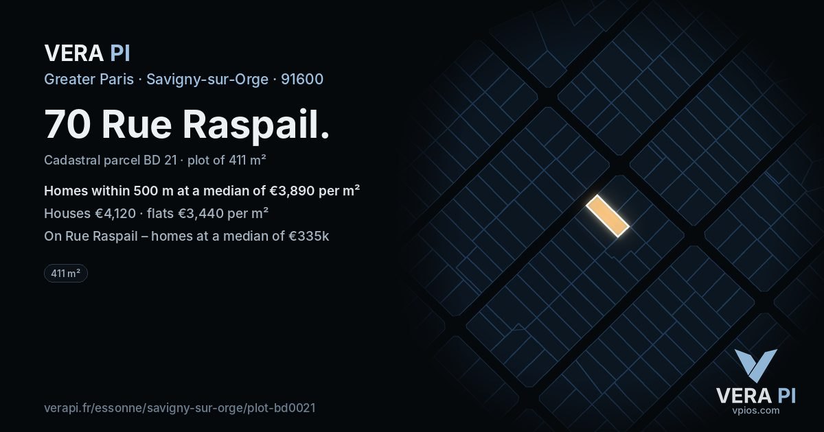 70 Rue Raspail, Savigny-sur-Orge at night – the plot lit, the parcels around coloured by the prices near them