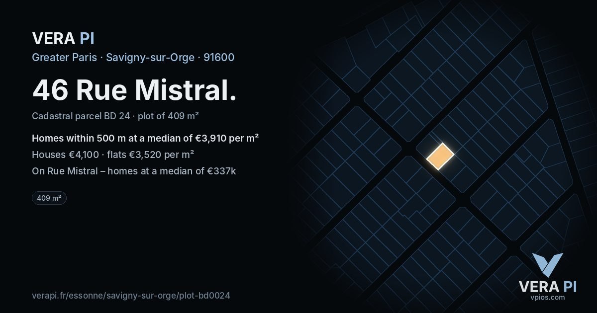46 Rue Mistral, Savigny-sur-Orge at night – the plot lit, the parcels around coloured by the prices near them