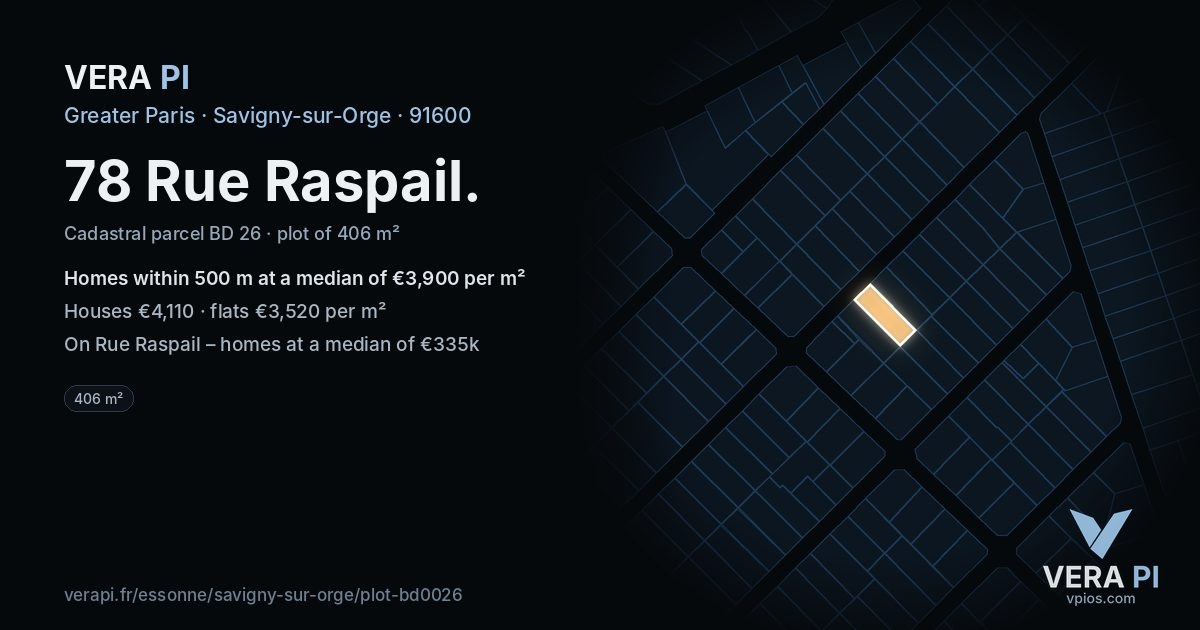 78 Rue Raspail, Savigny-sur-Orge at night – the plot lit, the parcels around coloured by the prices near them