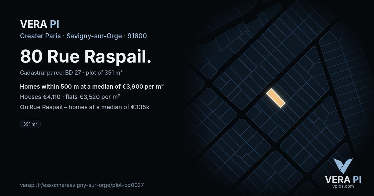 80 Rue Raspail, Savigny-sur-Orge at night – the plot lit, the parcels around coloured by the prices near them