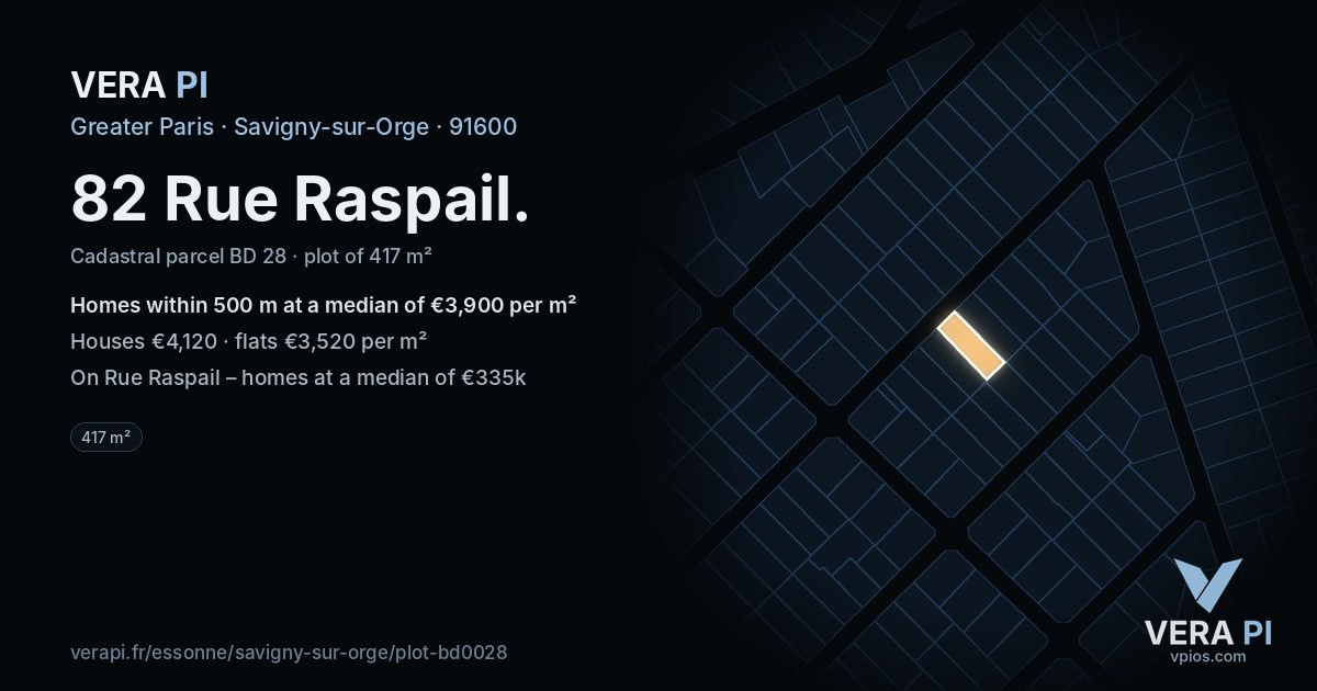 82 Rue Raspail, Savigny-sur-Orge at night – the plot lit, the parcels around coloured by the prices near them
