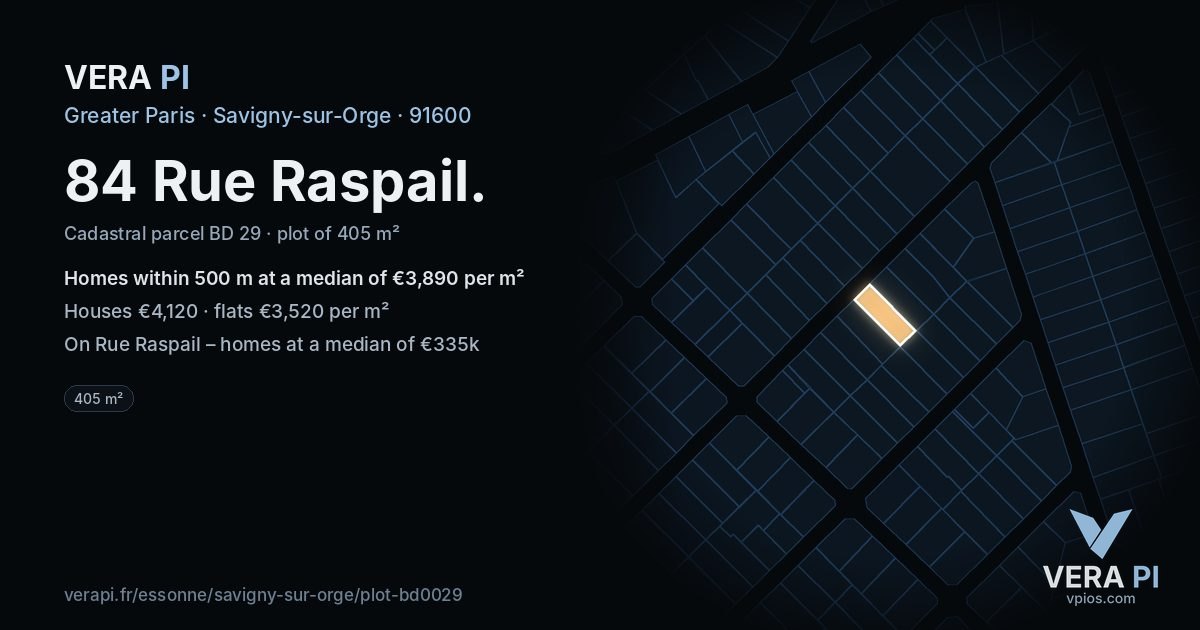 84 Rue Raspail, Savigny-sur-Orge at night – the plot lit, the parcels around coloured by the prices near them