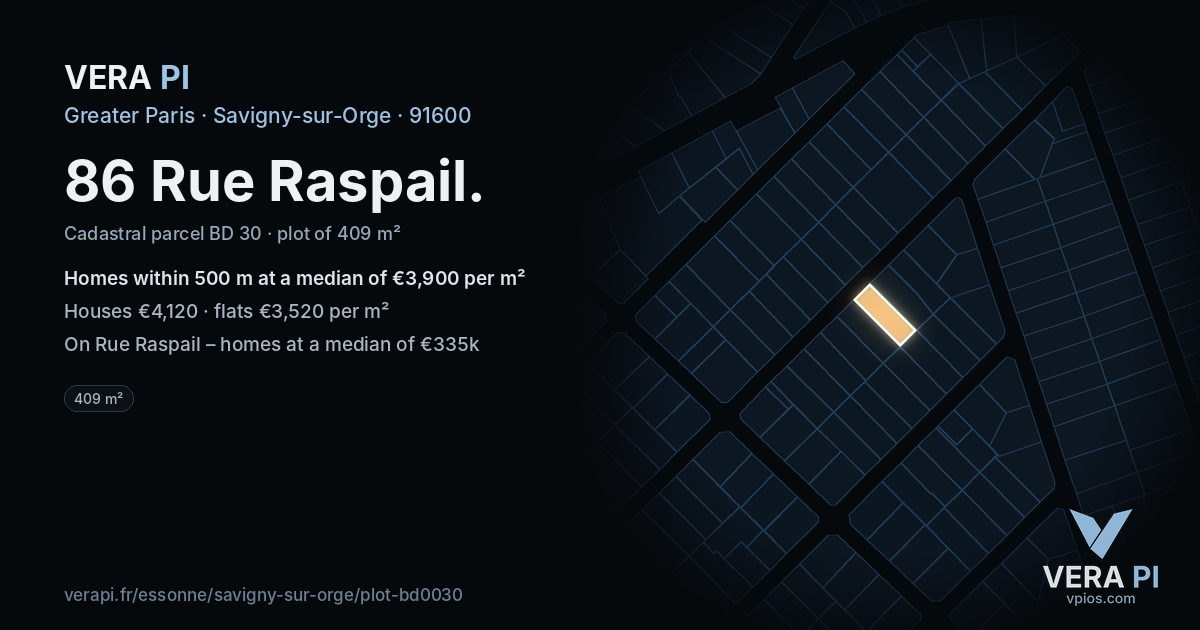86 Rue Raspail, Savigny-sur-Orge at night – the plot lit, the parcels around coloured by the prices near them
