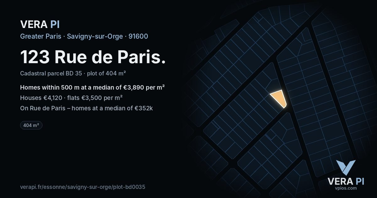 123 Rue de Paris, Savigny-sur-Orge at night – the plot lit, the parcels around coloured by the prices near them