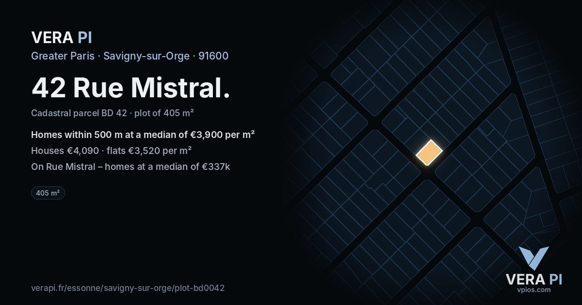 42 Rue Mistral, Savigny-sur-Orge at night – the plot lit, the parcels around coloured by the prices near them