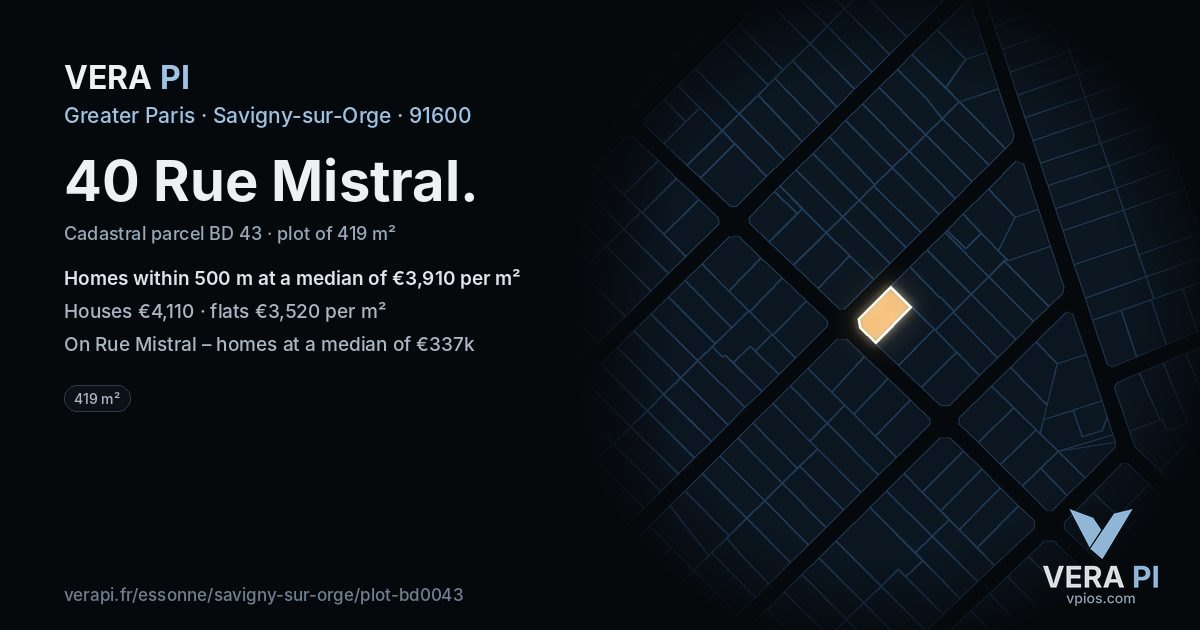 40 Rue Mistral, Savigny-sur-Orge at night – the plot lit, the parcels around coloured by the prices near them