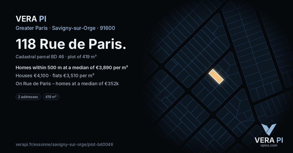 118 Rue de Paris, Savigny-sur-Orge at night – the plot lit, the parcels around coloured by the prices near them