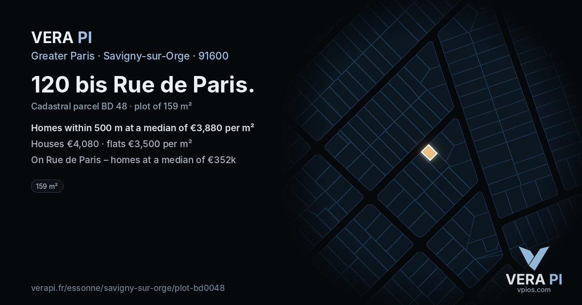 120 bis Rue de Paris, Savigny-sur-Orge at night – the plot lit, the parcels around coloured by the prices near them