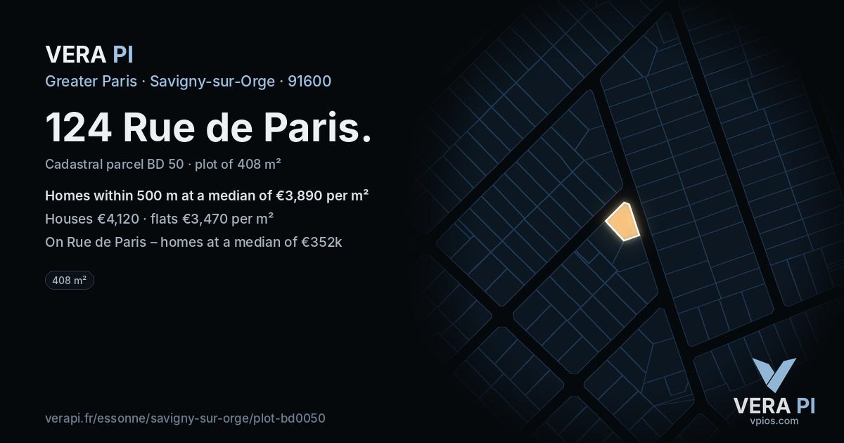124 Rue de Paris, Savigny-sur-Orge at night – the plot lit, the parcels around coloured by the prices near them