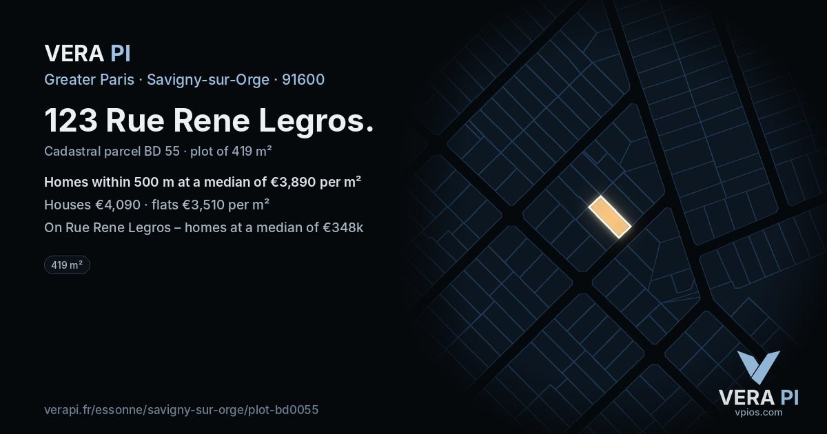 123 Rue Rene Legros, Savigny-sur-Orge at night – the plot lit, the parcels around coloured by the prices near them