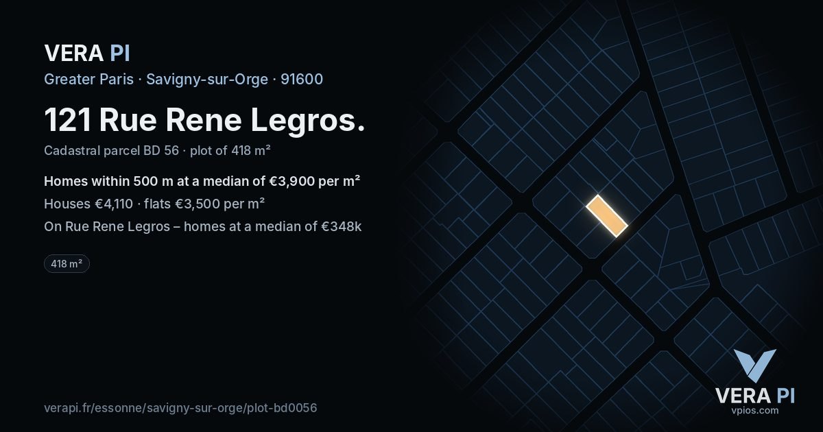 121 Rue Rene Legros, Savigny-sur-Orge at night – the plot lit, the parcels around coloured by the prices near them